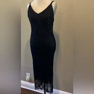 Vintage Black crochet evening dress with black bugle beads
V-neck thin straps